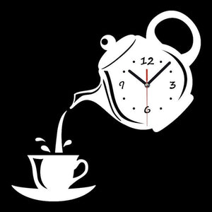 HOT 3D Wall Clock Acrylic Coffee Cup Teapot Decorative