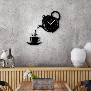 HOT 3D Wall Clock Acrylic Coffee Cup Teapot Decorative