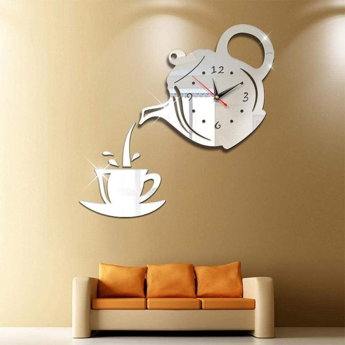 HOT 3D Wall Clock Acrylic Coffee Cup Teapot Decorative