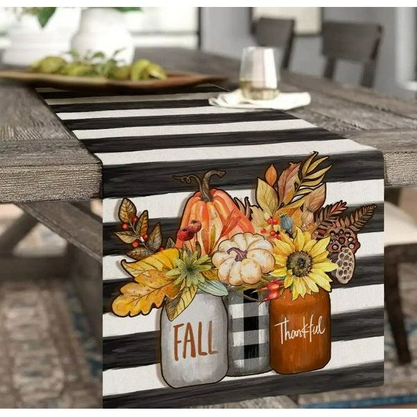 💯Floral Pumpkin Strips Table Runner Fall Autumn Thanksgiving Farmhouse Decor 13x72"💯
