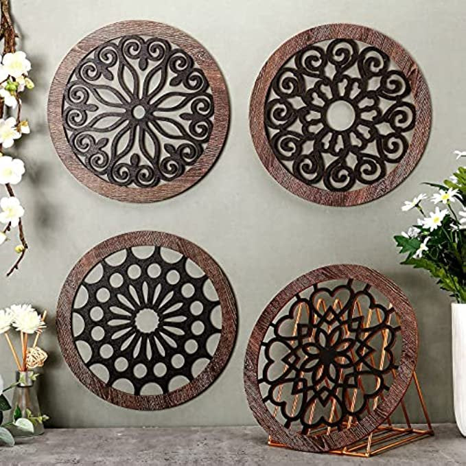 4 Pcs Thickened Rustic Wood Round Wooden Frame Wall Art Modern Hanging Decoration