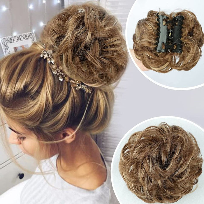 Claw Clip in Hair Bun Messy Hair Curly Wavy Ponytail Hairpieces Hair (Light Brown & Natural Blonde)