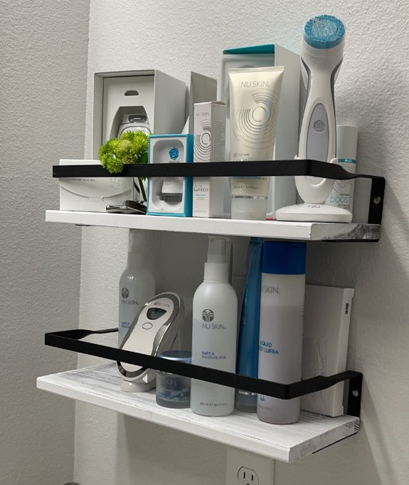 Set of 2 White Floating Wall Shelves with Rails & Towel Holder