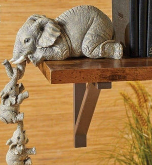 Elephant Sitter Statue Hand-Painted Figurines- Mother and Two Babies Hanging Off (Set of 3)
