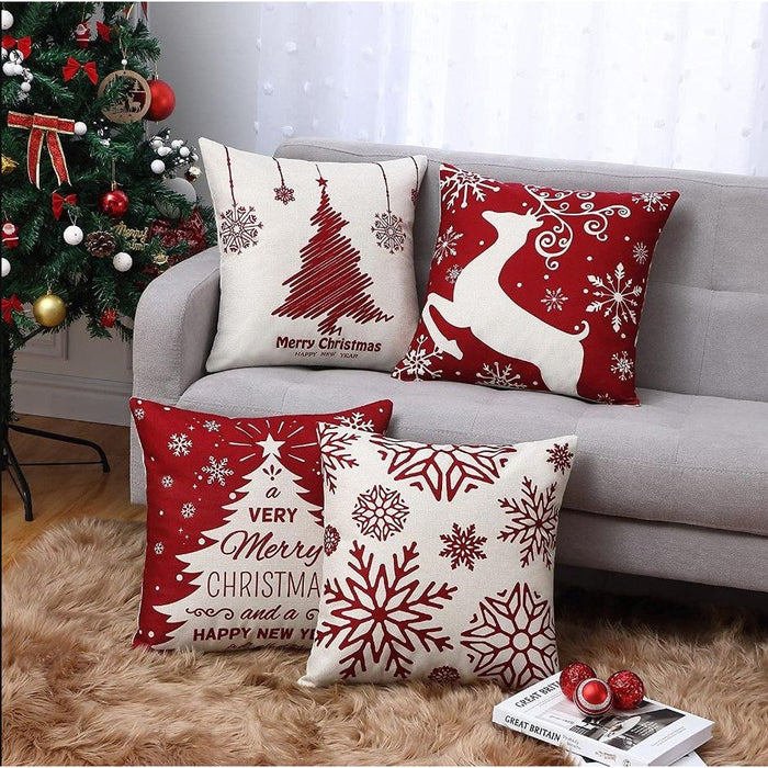 Set of 4 Farmhouse Christmas Decor Tree Deer Snowflakes Rustic Xmas Pillow Case 18x18