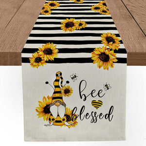 💯Autumn Sunflower Gnome Table Runner Stripes Bee Blessed Fall Table Home Decor 13x72"💯