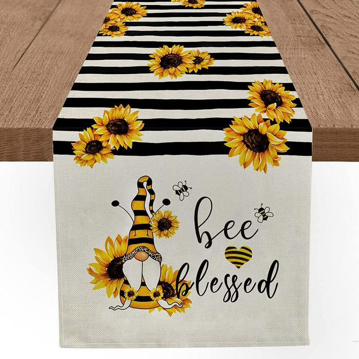 💯Autumn Sunflower Gnome Table Runner Stripes Bee Blessed Fall Table Home Decor 13x72"💯