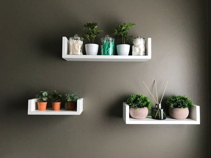 Set of 3 Floating Shelves Wall Mounted, Solid Wood Wall Shelves, White