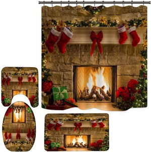 4PCS Christmas Fireplace Shower Curtain set