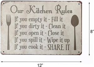 12"x8" Kitchen Rules Plaque Wall Decor Rustic Metal Tin Sign