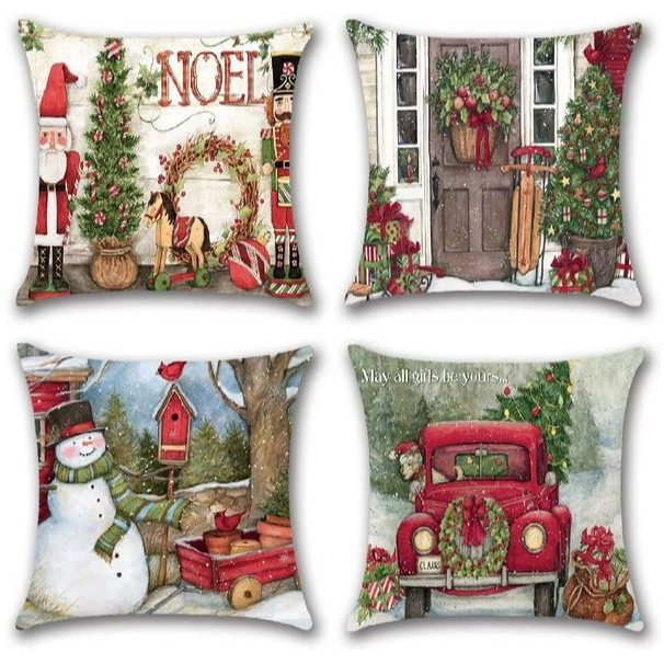 Set of 4 Red Throw Pillow Covers Series Cushion Holiday Christmas Decorations 18x18 Inches