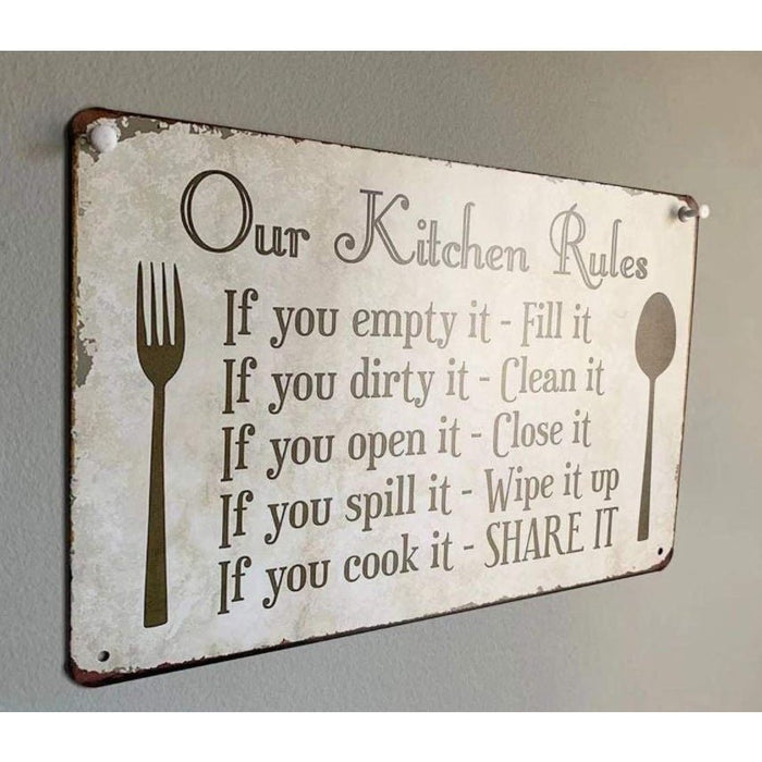 12"x8" Kitchen Rules Plaque Wall Decor Rustic Metal Tin Sign