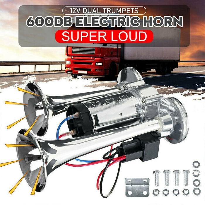 600DB 12V Dual Trumpets Super Loud Car Electric Horn Truck Boat Train Speaker 09/22 B