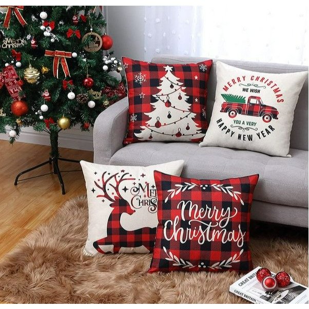 Set of 4 Red Black Buffalo Plaids Tree Deer Rustic Truck Xmas Pillow Case Decorations 18x18