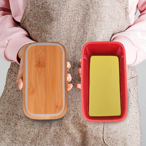 Ceramic Red Butter Dish with Wooden Lid