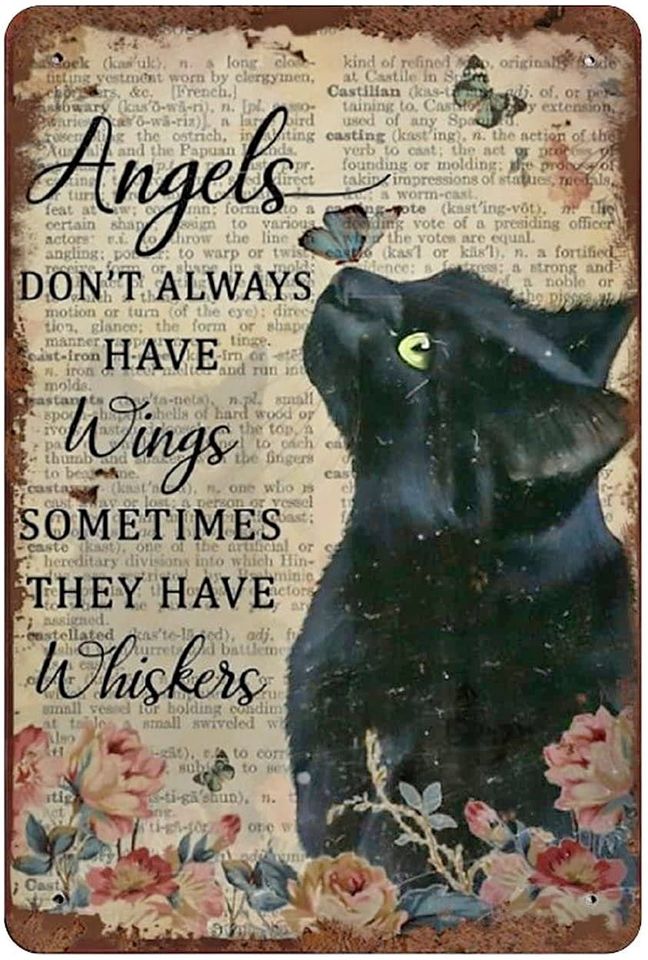 ﻿Angels Don't Always Have Wings Sometimes They Have Whiskers Tin Sign Vintage 12x8 In