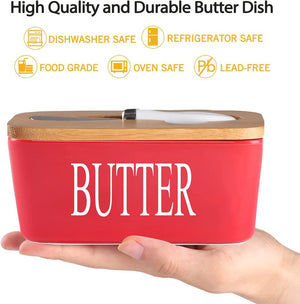 Ceramic Red Butter Dish with Wooden Lid
