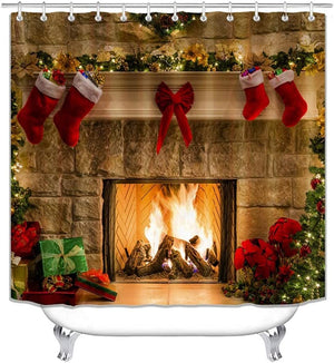 4PCS Christmas Fireplace Shower Curtain set