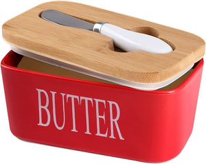 Ceramic Red Butter Dish with Wooden Lid