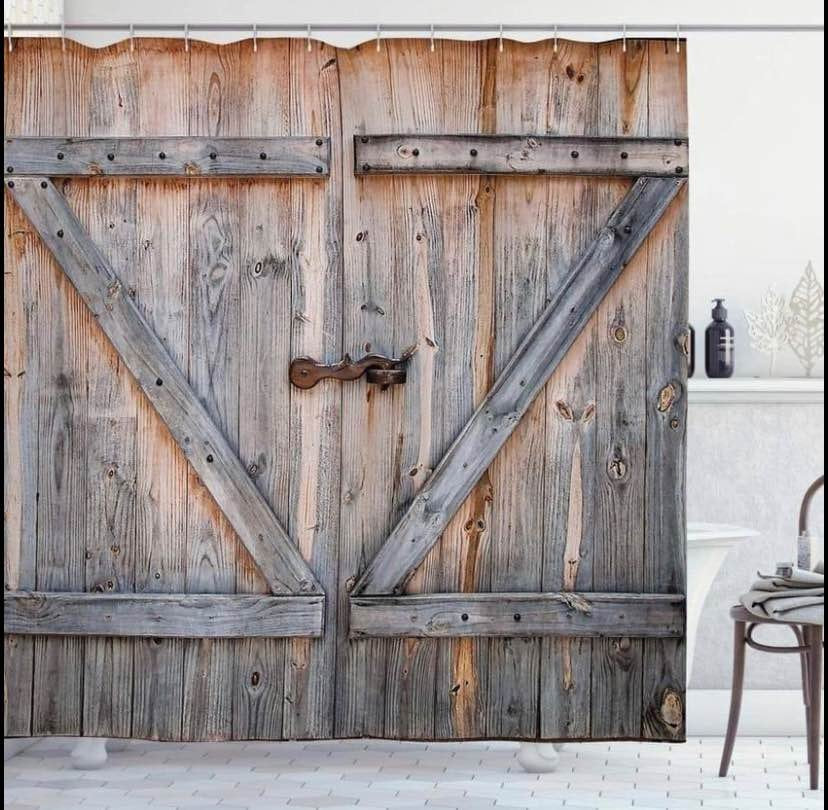 Rustic Shower Curtain, Old Wooden Barn Door Farmhouse Bathroom Decor Set with Hooks 72x72”