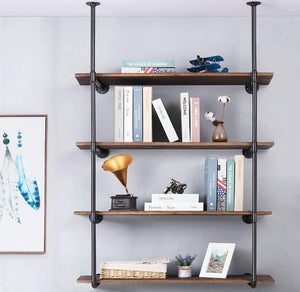 Wall Mount Iron Pipe Open Retro Bookshelf Hung Bracket 4 Tier Black