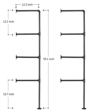 Wall Mount Iron Pipe Open Retro Bookshelf Hung Bracket 4 Tier Black