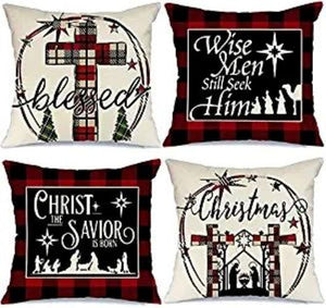 🍉🍉 Set of 4 Christmas Pillow Covers Buffalo Plaid Jesus Blessed Xmas - 18x18 Inches