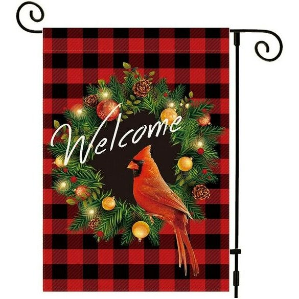 Cardinal Christmas Garden Flag Wreath Welcome Vertical Double Sided Outdoor Decor 12.5 x 18