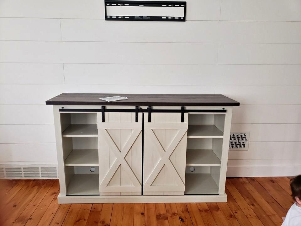 Sleek Rustic Farmhouse Sliding Barn Door Wooden TV Stand, Media Console Entertainment Center, Cream