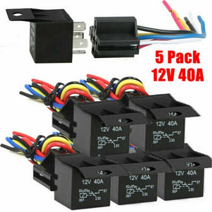 5 Pack 12V 30/40 Amp 5-Pin Automotive Relay w/ Wires & Harness