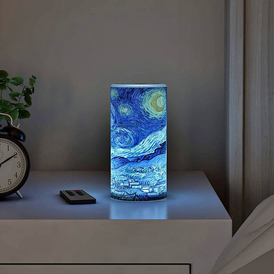 Scented Starry Night LED Candle Remote Timer Flickering Flameless Van Gogh Art