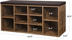10 Cubbie Shoe Cabinet Storage Bench with Cushion, Adjustable Shelves, Rustic Brown