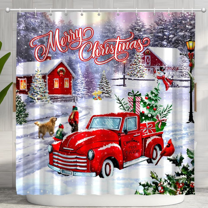 Merry Christmas Shower Curtain Red Vintage Truck Farmhouse Bathroom Decor Sets 72 x 72 Inches