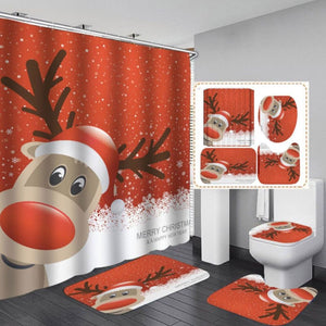 4Pc Set Merry Christmas Bathroom Shower Curtain Mat Toilet Seat Cover Xmas Decor C