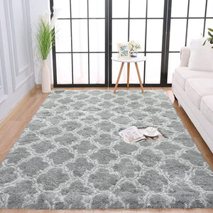 Fluffy Plush Area Rugs 4x6 Feet, Geometric Neutral Rug, Grey