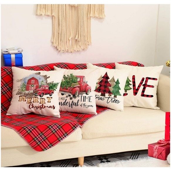 Set of 4 Farmhouse Christmas Pillow Covers Buffalo Plaid Xmas Decorations 18x18
