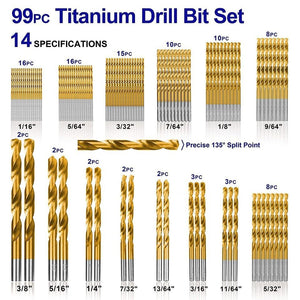 (99 Pcs) Titanium Twist Drill Bit Set High Speed Steel Aluminum Alloy with Storage Case