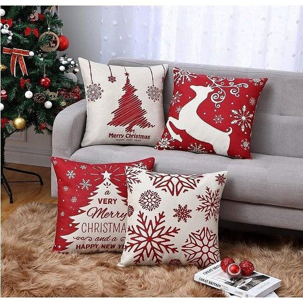 Set of 4 Red Snowflakes Reindeer and Christmas Trees Decor Cushion Pillow Covers | 18x18