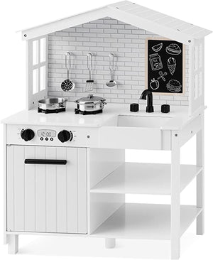New! Farmhouse Play Kitchen Toy, Wooden Pretend Set for Kids w/ Chalkboard White