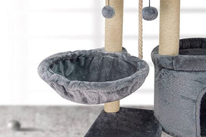 New! Cat Tree with Cat Condo Hammock and Two Replacement Hanging Balls Grey