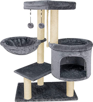 New! Cat Tree with Cat Condo Hammock and Two Replacement Hanging Balls Grey