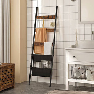 Blanket Ladder, 5-Tier Ladder Shelf with Hooks, Wall-Leaning Rack