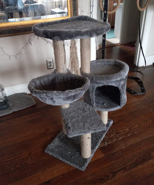 New! Cat Tree with Cat Condo Hammock and Two Replacement Hanging Balls Grey