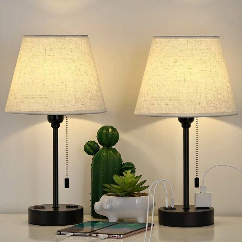 Set of 2 Bedside Desk Lamps Table Lights Nightstand Reading Lamp with USB Ports