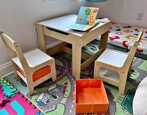 New! 3 Piece Kids Wooden Storage Table and Chairs Set, Natural Color