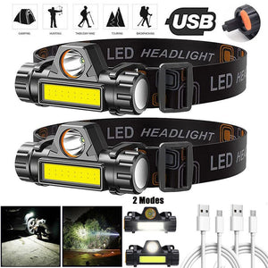 2 Pack USB Rechargeable Waterproof LED Headlamp Headlight