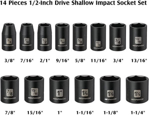 (14 Sockets) 1/2-Inch Drive Metric Shallow Impact Socket Set 6-