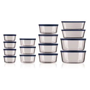 Clear Glass Storage 30 Piece Set with Navy Lids