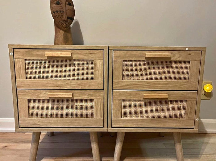 Set of 2 Nightstands, End Tables, Side Tables w/ 2 Hand Made Rattan Decorated Drawers For Bed Room