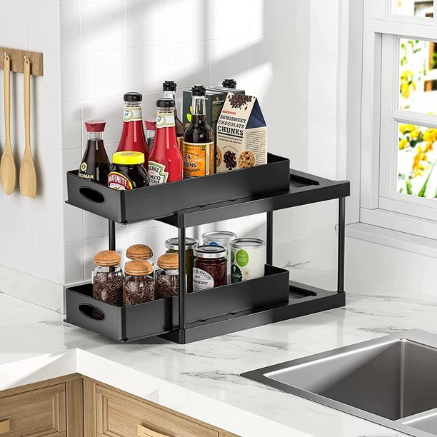 Sink Organizers with 4 Hooks, 2 Tier Pull Out Under Sink Storage